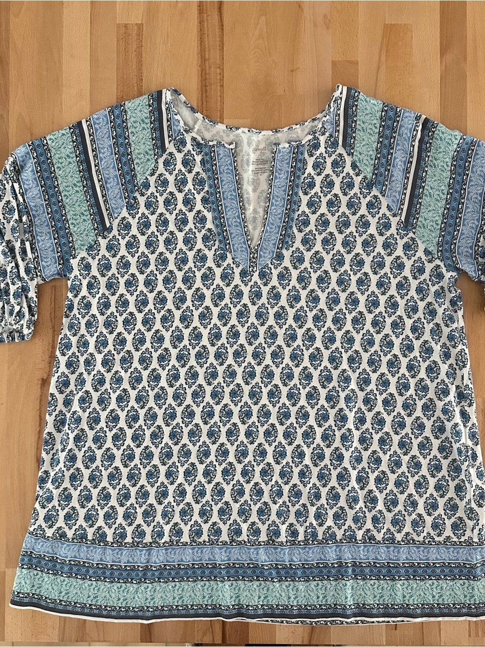 J Jill, Pure Jill Blue Border-Printed Split Neck Tunic Top